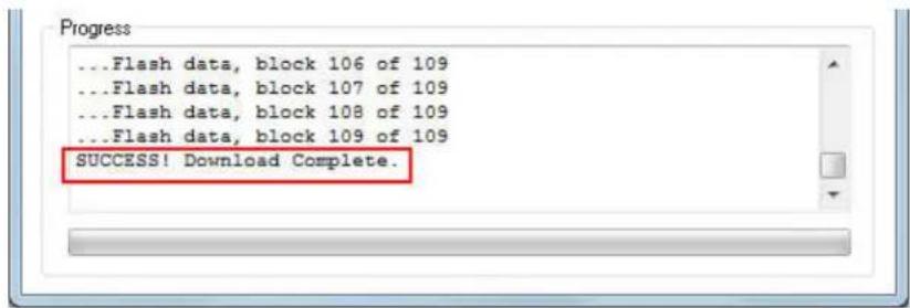 Progress ...Flash data, block 106 of 109 ...Flash data, block 107 of 109 ...Flash data, block 108 of 109 ...Flash data, block 109 of 109 SUCCESS! Download Complete.