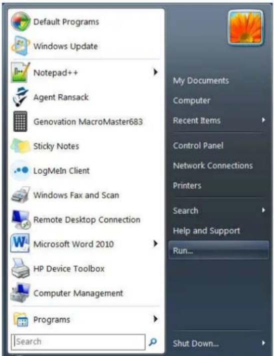 Default Programs Windows Update Notepad++ Agent Ransack Genovation MacroMaster683 Sticky Notes LogMeIn Client Windows Fax and Scan Remote Desktop Connection Microsoft Word 2010 HP Device Toolbox Computer Management Programs Search My Documents Computer Recent Items Control Panel Network Connections Printers Search Help and Support Run... Shut Down...