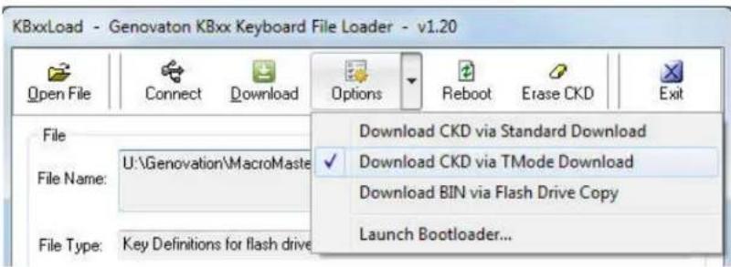 KBxxLoad - Genovaton KBxx Keyboard File Loader - v1.20 Open File Connect Download Options Reboot Erase CKD Exit File File Name: U:\Genovation\MacroMaste File Type:(Key Definitions for flash drive Download CKD via Standard Download Download CKD via TMode Download Download BIN via Flash Drive Copy Launch Bootloader...