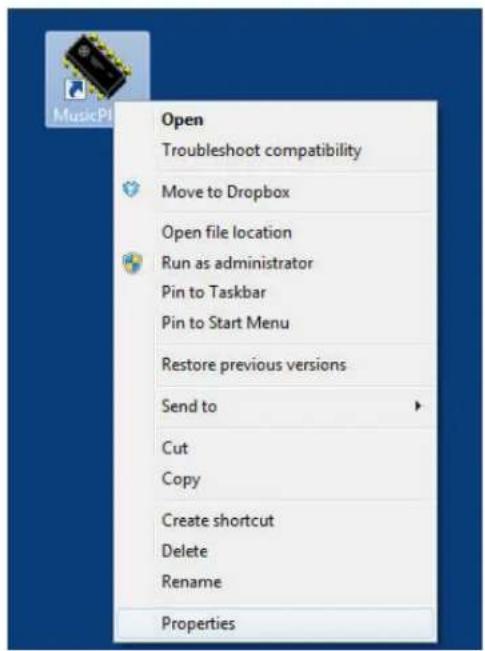 MusicPI Open Troubleshoot compatibility Move to Dropbox Open file location Run as administrator Pin to Taskbar Pin to Start Menu Restore previous versions Send to Cut Copy Create shortcut Delete Rename Properties