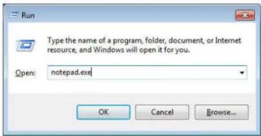 Run Type the name of a program, folder, document, or Internet resource, and Windows will open it for you. Open: notepad.exe OK Cancel Browse...