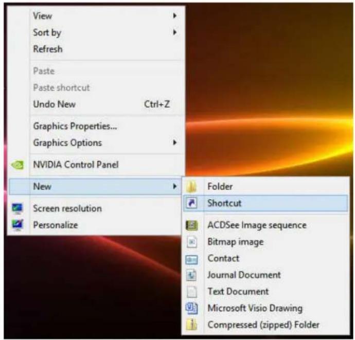 View Sort by Refresh Paste Paste shortcut Undo New Ctrl+Z Graphics Properties... Graphics Options NVIDIA Control Panel New Screen resolution Personalize Folder Shortcut ACDSee Image sequence Bitmap image Contact Journal Document Text Document Microsoft Visio Drawing Compressed (zipped) Folder