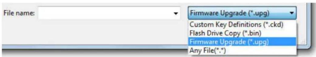 File name: Firmware Upgrade (*.upg) Custom Key Definitions (*.ckd) Flash Drive Copy (*.bin) Firmware Upgrade (*.upg) Any File(*.*)