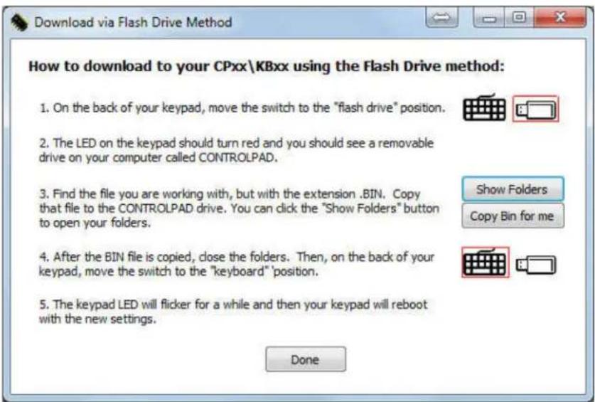How to download to your CPxx\KBxx using the Flash Drive method: 1. On the back of your keypad, move the switch to the "flash drive" position. 2. The LED on the keypad should turn red and you should see a removable drive on your computer called CONTROLPAD. 3. Find the file you are working with, but with the extension .BIN. Copy that file to the CONTROLPAD drive. You can click the "Show Folders" button to open your folders. 4. After the BIN file is copied, close the folders. Then, on the back of your keypad, move the switch to the "keyboard" 'position. 5. The keypad LED will flicker for a while and then your keypad will reboot with the new settings. Done Show Folders Copy Bin for me Done