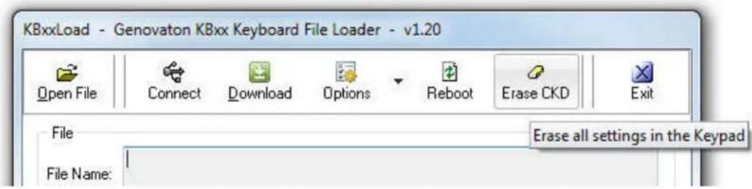KBxxLoad - Genovaton KBxx Keyboard File Loader - v1.20 Open File Connect Download Options Reboot Erase CKD Exit File Erase all settings in the Keypad File Name: