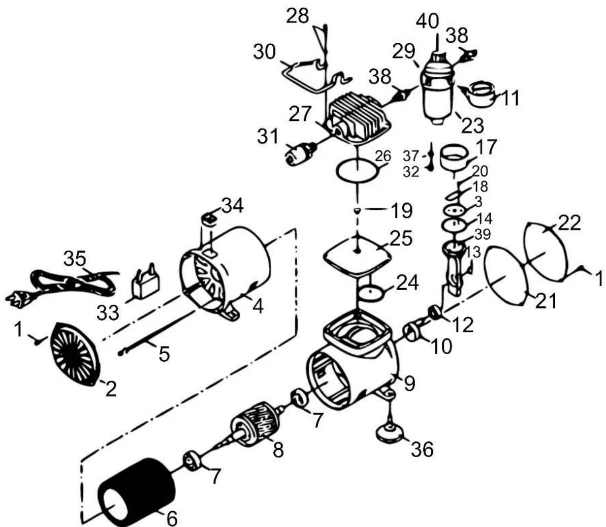 Exploded view diagram of a mechanical assembly with numbered components and labeled parts