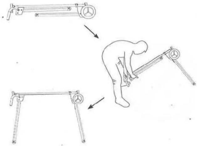 Diagram illustrating three sequential steps of a person performing a physical exercise using a bench press, with directional arrows indicating movement.