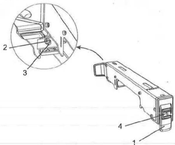 Technical diagram of a device with numbered components and an inset showing a mechanical assembly detail.