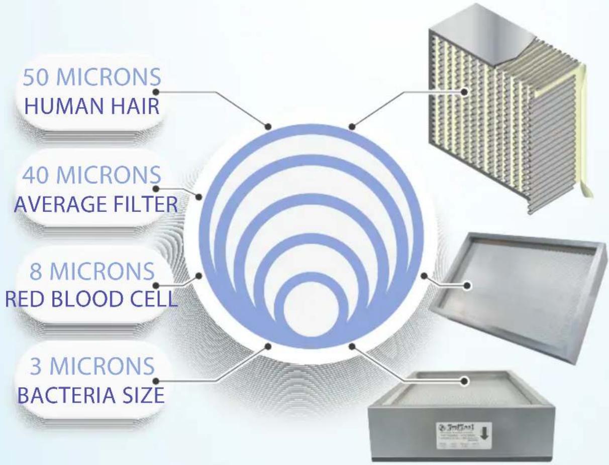 50 MICRONS HUMAN HAIR 40 MICRONS AVERAGE FILTER 8 MICRONS RED BLOOD CELL 3 MICRONS BACTERIA SIZE