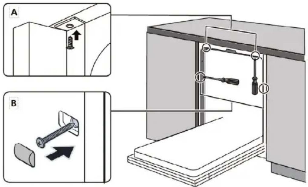 Technical diagram illustrating two steps of screw installation: (A) pin insertion and (B) assembly with a screw being inserted into a component.