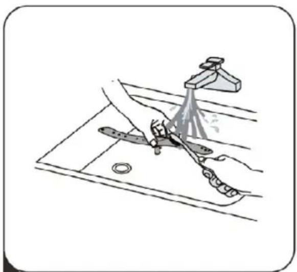 Illustration of a hand cleaning a kitchen sink with a spray gun (no text or symbols)