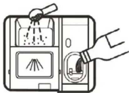 Diagram showing a hand inserting a plug into a device with labeled components and a diagram of a lamp inside the container.
