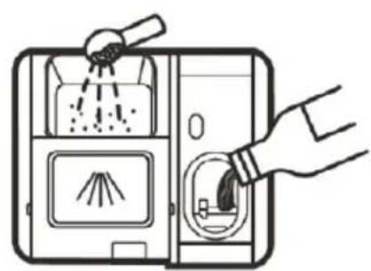 Diagram of a device with a hand inserting a plug into a container, showing internal components and wiring (no text or symbols)
