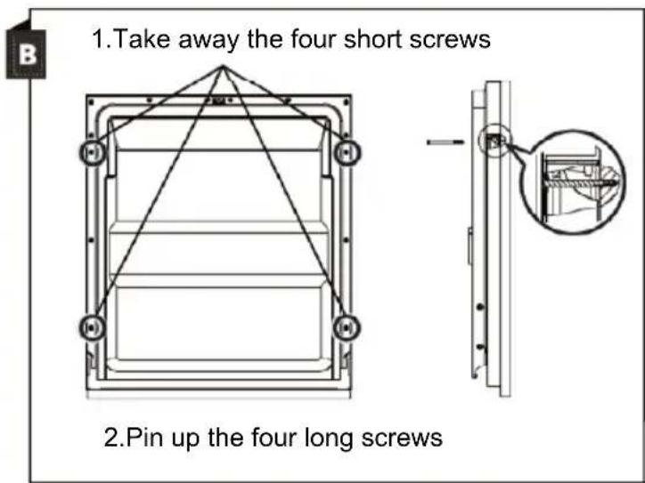 1. Take away the four short screws 2. Pin up the four long screws