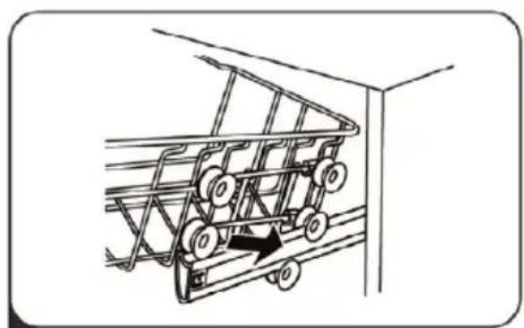 Line drawing of a shopping cart with wheels and an arrow indicating direction (no text or symbols)