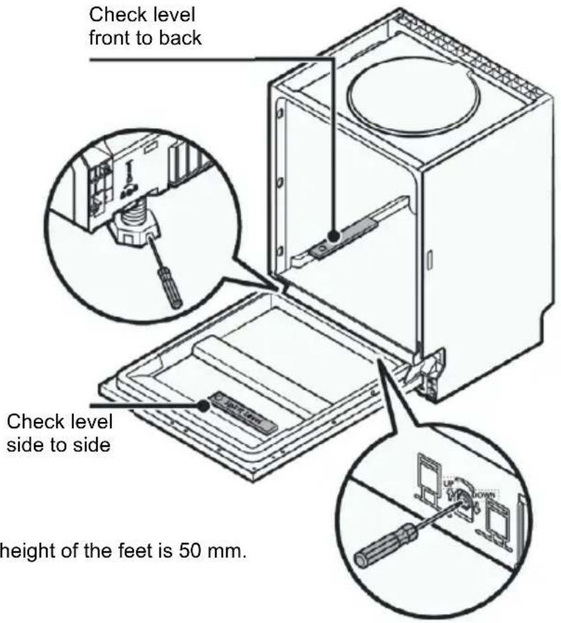 Check level front to back Check level side to side height of the feet is 50 mm.