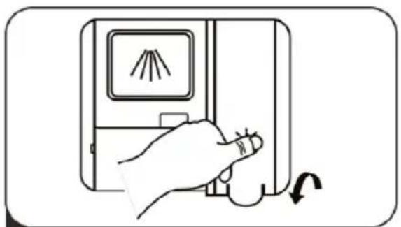 Line drawing of a hand pressing down on a device with a slide and scroll, no text or symbols present