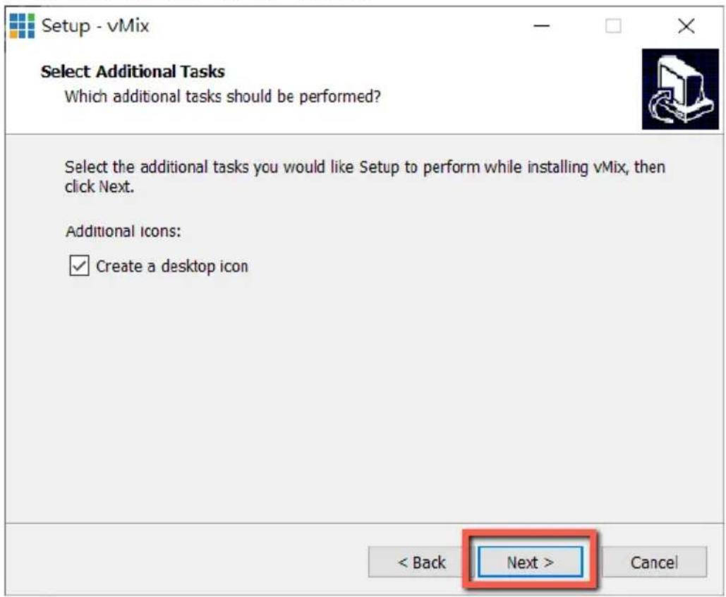 Setup - vMix Select Additional Tasks Which additional tasks should be performed? Select the additional tasks you would like Setup to perform while installing vMix, then click Next. Additional Icons: ✓ Create a desktop icon < Back Next > Cancel
