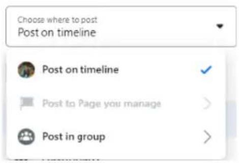 Choose where to post Post on timeline Post on timeline Post to Page you manage Post in group