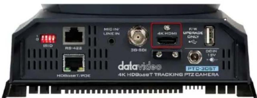 1 D IRID RS-422 MIG IN/ LINE IN 3G-SDI 4K HDMI F/W UPGRADE ONLY DCIN 12V HDBoset/POE datavideo PTC-30ST 4K HDBoset TRACKING PTZ CAMERA