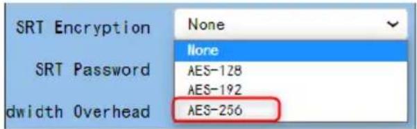SRT Encryption SRT Password dwidth Overhead None None AES-128 AES-192 AES-256