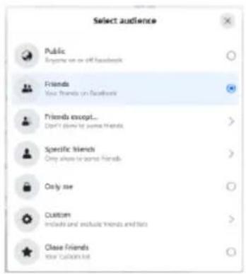 Select audience Public: Anyone on or off Facebook Friends Your friends on Facebook Friends except... Don't show for some friends Specific friends Only show for some friends Only use Custom Include and include friends and tails Close friends Your Custom list