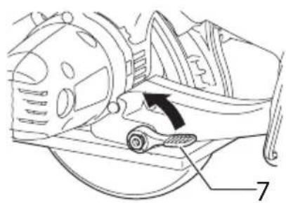 Technical diagram of a mechanical device with labeled parts and an arrow indicating motion direction