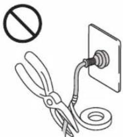 Safety warning symbol showing a pair of scissors next to an electrical outlet with a no-smoking symbol