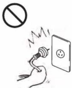 Safety warning illustration showing a hand using a plug to switch an electrical outlet with a no-smoking symbol above.
