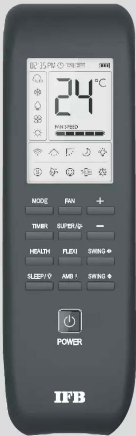 02:35 PM 24°C FAN SPEED MODE FAN + TIMER SUPER/- HEALTH FLEXI SWING SLEEP/ AMB SWING POWER IFB