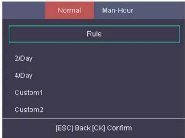Normal Man-Hour Rule 2/Day 4/Day Custom1 Custom2 [ESC] Back [OK] Confirm