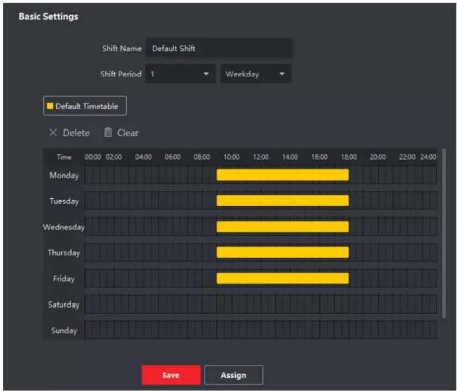 Basic Settings Shift Name Default Shift Shift Period 1 Weekday Default Timetable × Delete Clear Time 00:00 02:00 04:00 06:00 08:00 10:00 12:00 14:00 16:00 18:00 20:00 22:00 24:00 Monday Tuesday Wednesday Thursday Friday Saturday Sunday Save Assign
