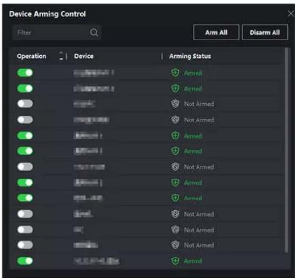 Device Arming Control Filter Arm All Disarm All Operation Device Arming Status Armied Not Armed Not Armed Armied Not Armed Armied Not Armed Not Armed Armied Not Armed Not Armed Armied