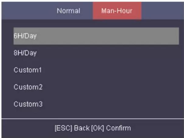Normal Man-Hour 6H/Day 8H/Day Custom1 Custom2 Custom3 [ESC] Back [OK] Confirm