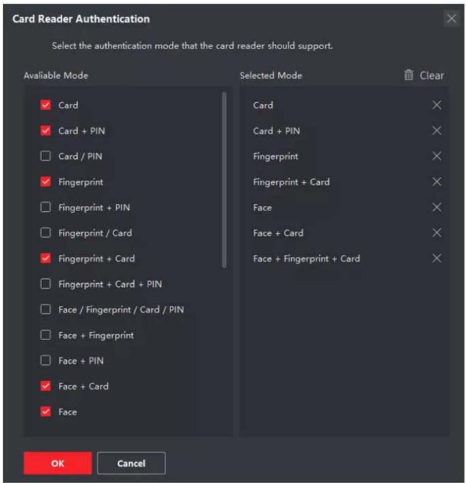 Card Reader Authentication Select the authentication mode that the card reader should support. Available Mode ✓ Card ✓ Card + PIN ☐ Card / PIN ✓ Fingerprint ☐ Fingerprint + PIN ☐ Fingerprint / Card ✓ Fingerprint + Card ☐ Fingerprint + Card + PIN ☐ Face / Fingerprint / Card / PIN ☐ Face + Fingerprint ☐ Face + PIN ✓ Face + Card ✓ Face Selected Mode Clear Card Card + PIN Fingerprint Fingerprint + Card Face Face + Card Face + Fingerprint + Card OK Cancel