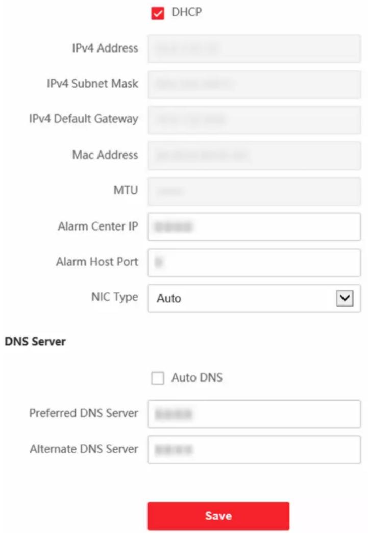 DHCP IPv4 Address IPv4 Subnet Mask IPv4 Default Gateway Mac Address MTU Alarm Center IP Alarm Host Port NIC Type Auto DNS Server Auto DNS Preferred DNS Server Alternate DNS Server Save