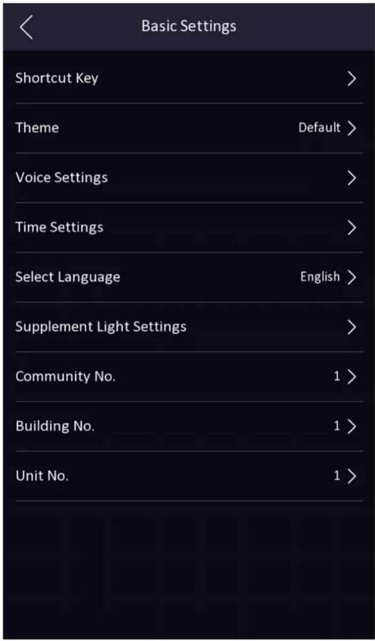 Basic Settings Shortcut Key > Theme Default > Voice Settings > Time Settings > Select Language English > Supplement Light Settings > Community No. 1 > Building No. 1 > Unit No. 1 >