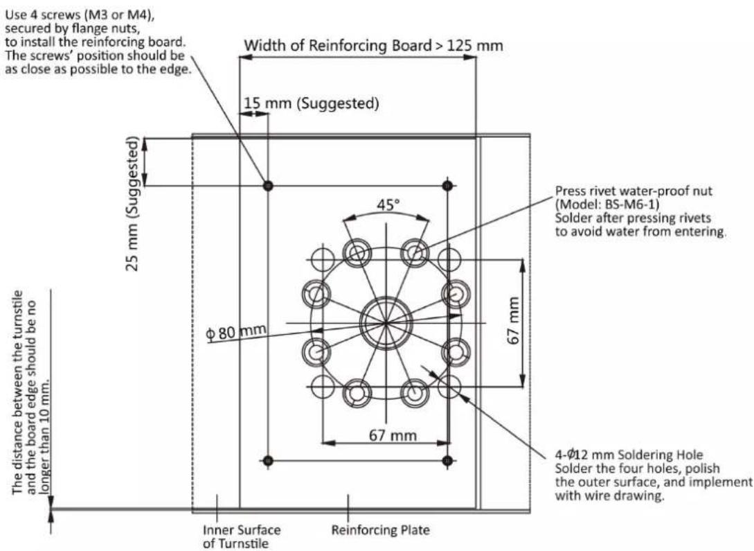 Use 4 screws (M3 or M4), secured by flange nuts, to install the reinforcing board. The screws' position should be as close as possible to the edge. Width of Reinforcing Board > 125 mm 15 mm (Suggested) 25 mm (Suggested) 45° φ80 mm 67 mm 67 mm Press rivet water-proof nut (Model: BS-M6-1) Solder after pressing rivets to avoid water from entering. 4-Ø12 mm Soldering Hole Solder the four holes, polish the outer surface, and implement with wire drawing. The distance between the turnstile and the board edge should be no longer than 10 mm. Inner Surface of Turnstile Reinforcing Plate