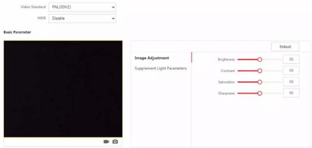 Video Standard PAL(50HZ) WDR Disable Basic Parameter Image Adjustment Supplement Light Parameters Default Brightness —— 50 Contrast —— 50 Saturation —— 50 Sharpness —— 50