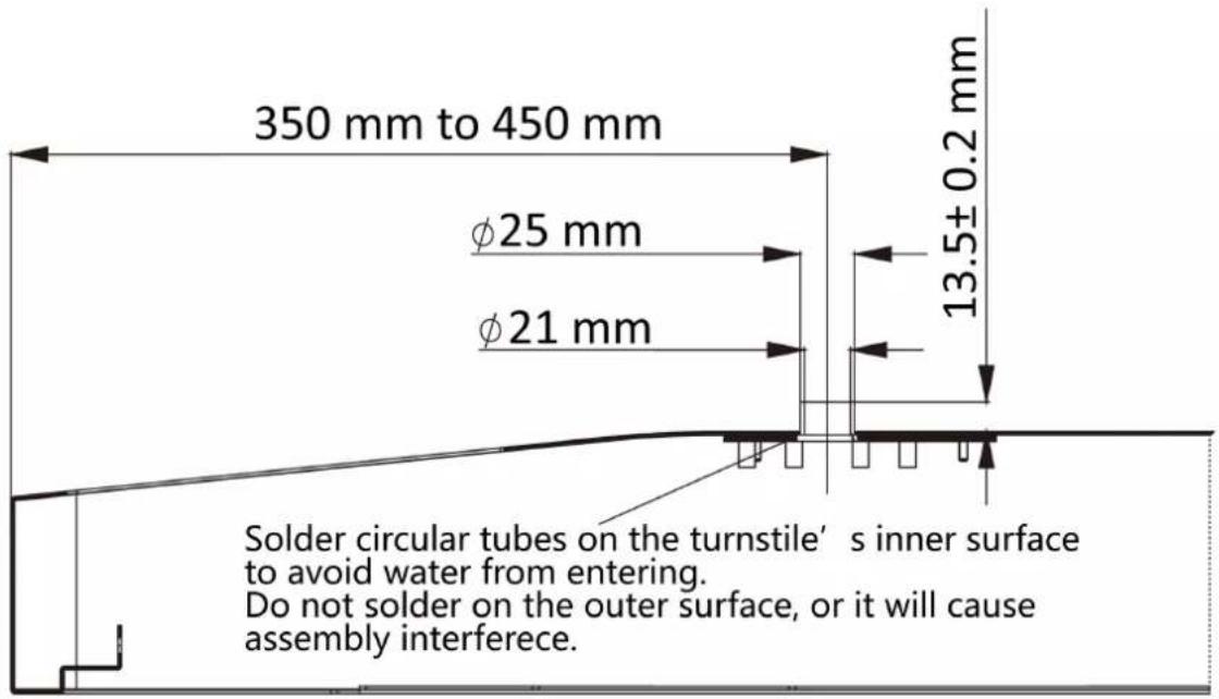 350 mm to 450 mm φ25 mm φ21 mm 13.5±0.2 mm Solder circular tubes on the turnstile' s inner surface to avoid water from entering. Do not solder on the outer surface, or it will cause assembly interference.