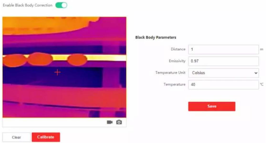 Enable Black Body Correction Black Body Parameters Distance 1 m Emissivity 0.97 Temperature Unit Celsius Temperature 40 °C Save Clear Calibrate