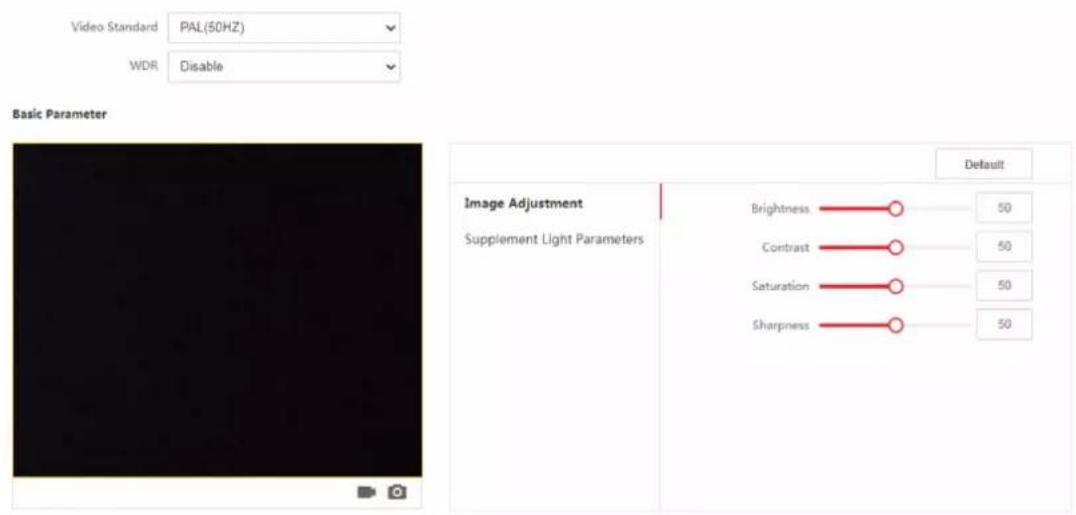 Video Standard PAL(50HZ) WDR Disable Basic Parameter Image Adjustment Supplement Light Parameters Default Brightness —— 50 Contrast —— 50 Saturation —— 50 Sharpness —— 50