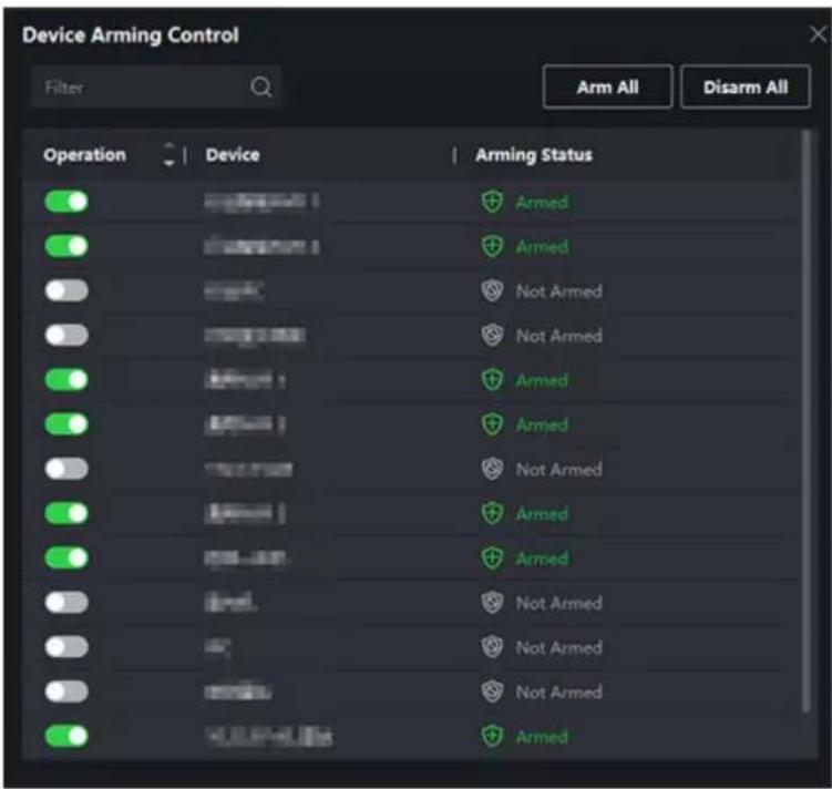 Device Arming Control Filter Arm All Disarm All Operation Device Arming Status Armed Armed Not Armed Not Armed Armed Armed Not Armed Armed Armed Not Armed Not Armed Armed