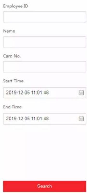 Employee ID Name Card No. Start Time 2019-12-05 11:01:48 End Time 2019-12-05 11:01:48 Search