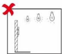 Diagram showing a red X mark pointing to a vertical line with three lightbulb icons below, likely illustrating a physics or optics concept.