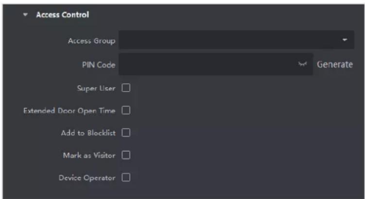 Access Control Access Group PIN Code Generate Super User Extended Door Open Time Add to Blocklist Mark as Visitor Device Operator