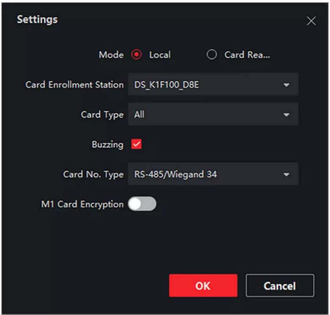 Settings Mode Local Card Rea... Card Enrollment Station DS_K1F100_D8E Card Type All Buzzing ✓ Card No. Type RS-485/Wiegand 34 M1 Card Encryption OK Cancel