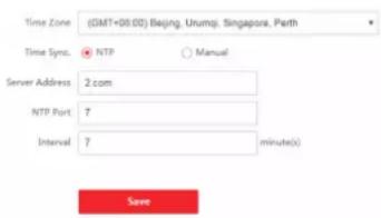 Time Zone (GMT+01.00) Beijing, Urumqi, Singapore, Perth Time Sync. NTP Manual Server Address 2 com NTP Port 7 Interval 7 minute(s) Save
