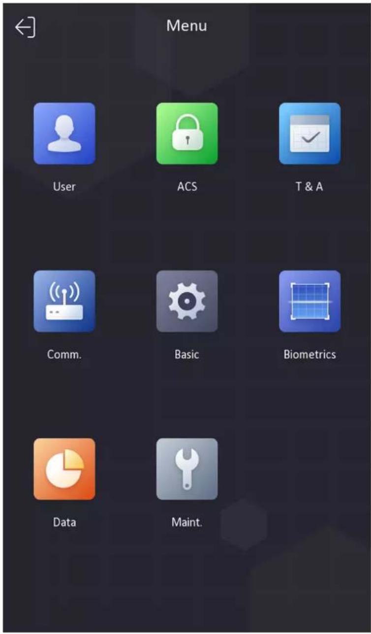 Menu User ACS T & A Comm. Basic Biometrics Data Maint.