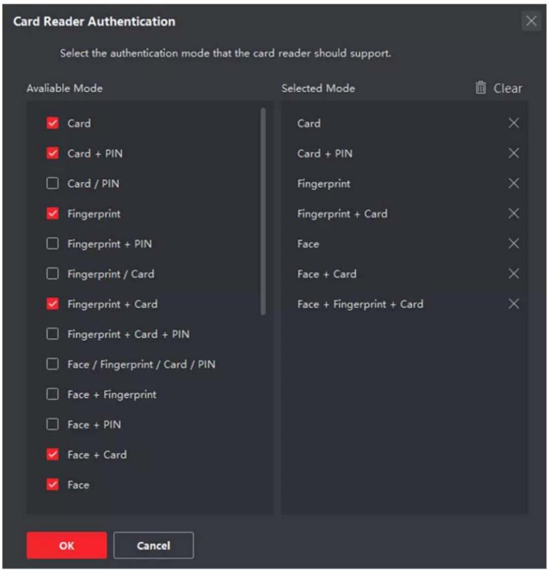 Card Reader Authentication Select the authentication mode that the card reader should support. Available Mode ✓ Card ✓ Card + PIN ☐ Card / PIN ✓ Fingerprint ☐ Fingerprint + PIN ☐ Fingerprint / Card ✓ Fingerprint + Card ☐ Fingerprint + Card + PIN ☐ Face / Fingerprint / Card / PIN ☐ Face + Fingerprint ☐ Face + PIN ✓ Face + Card ✓ Face Selected Mode Card Card + PIN Fingerprint Fingerprint + Card Face Face + Card Face + Fingerprint + Card OK Cancel